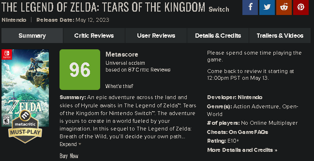 Avaliações do game no site Metacritic